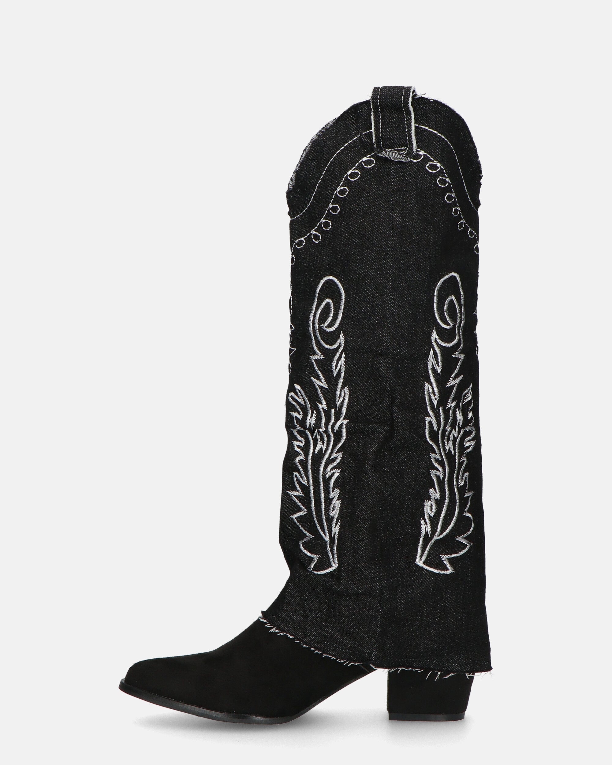 FRANCYS - high camper boots in black denim fabric with embroidery