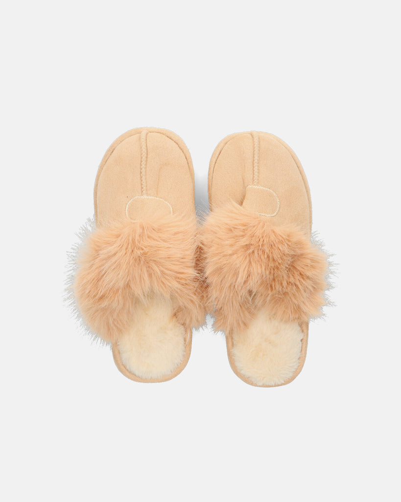 MIDORI - beige slippers with fur and suede