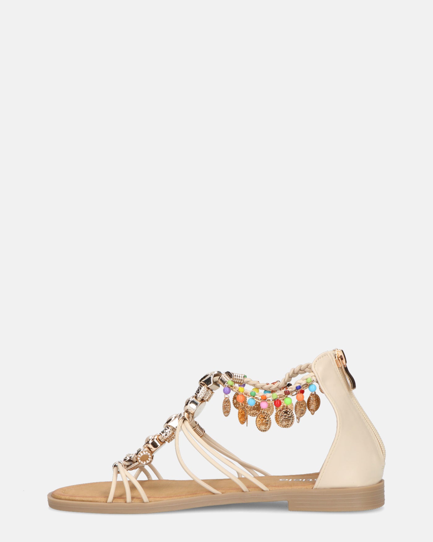 PAULA - beige open sandals with back zip and colored gems