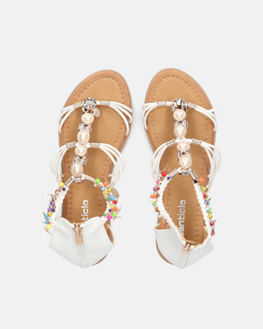 PAULA - beige open sandals with white zip and colored gems