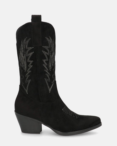 SENIA - black suede camperos ankle boots with embroidery