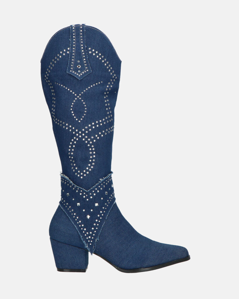 ELLEN - camperos high boots in blue denim with gems