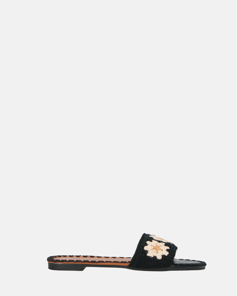 MARILIA - black slippers with embroidered decorations and brown sole