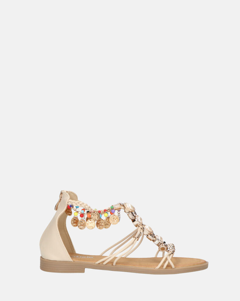 PAULA - beige open sandals with back zip and colored gems
