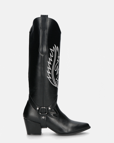 2 in 1 - CAMILA - texan boots with removable upper in black eco-leather and white embroidery