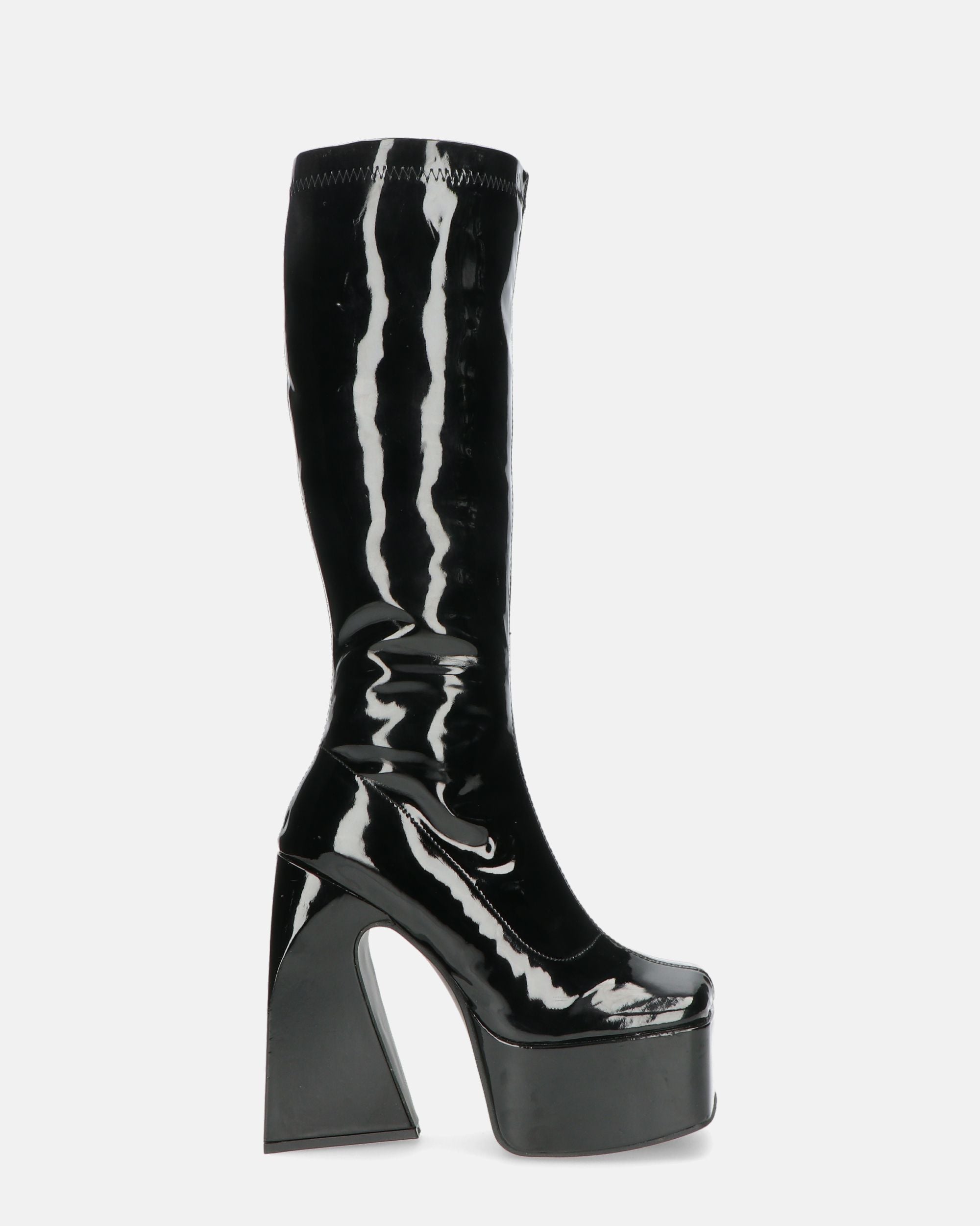 BECKA - high boots in black glassy with zip and square heel