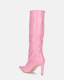 CAROLINE - long heeled boots in pink crocodile