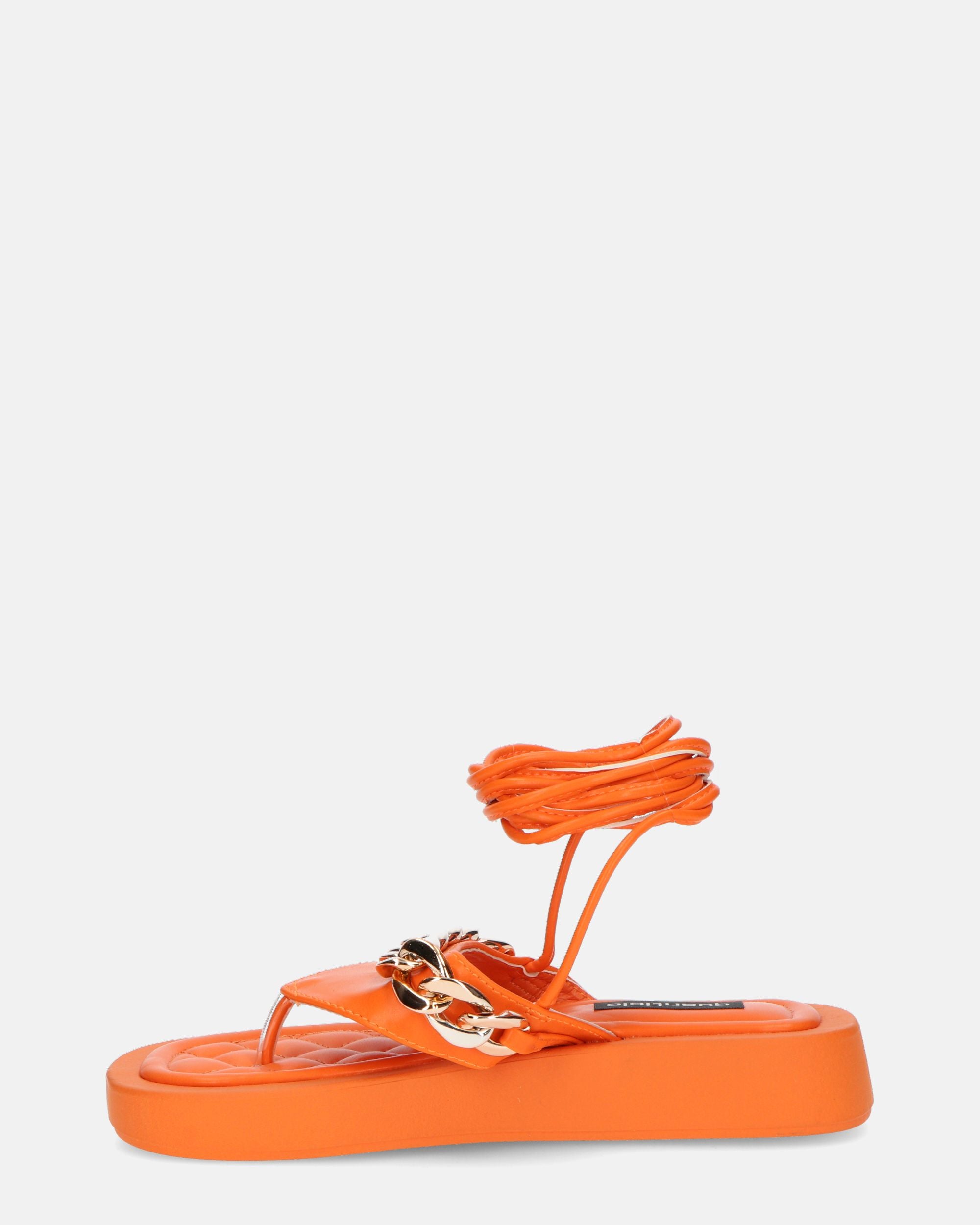 AURA - orange flat sandals with golden chain and laces