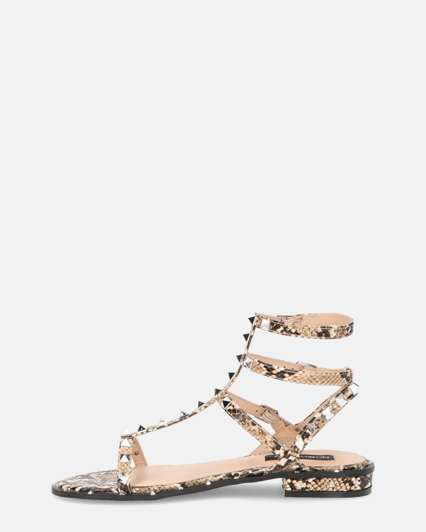KENZA - beige snake print sandals with straps and studs