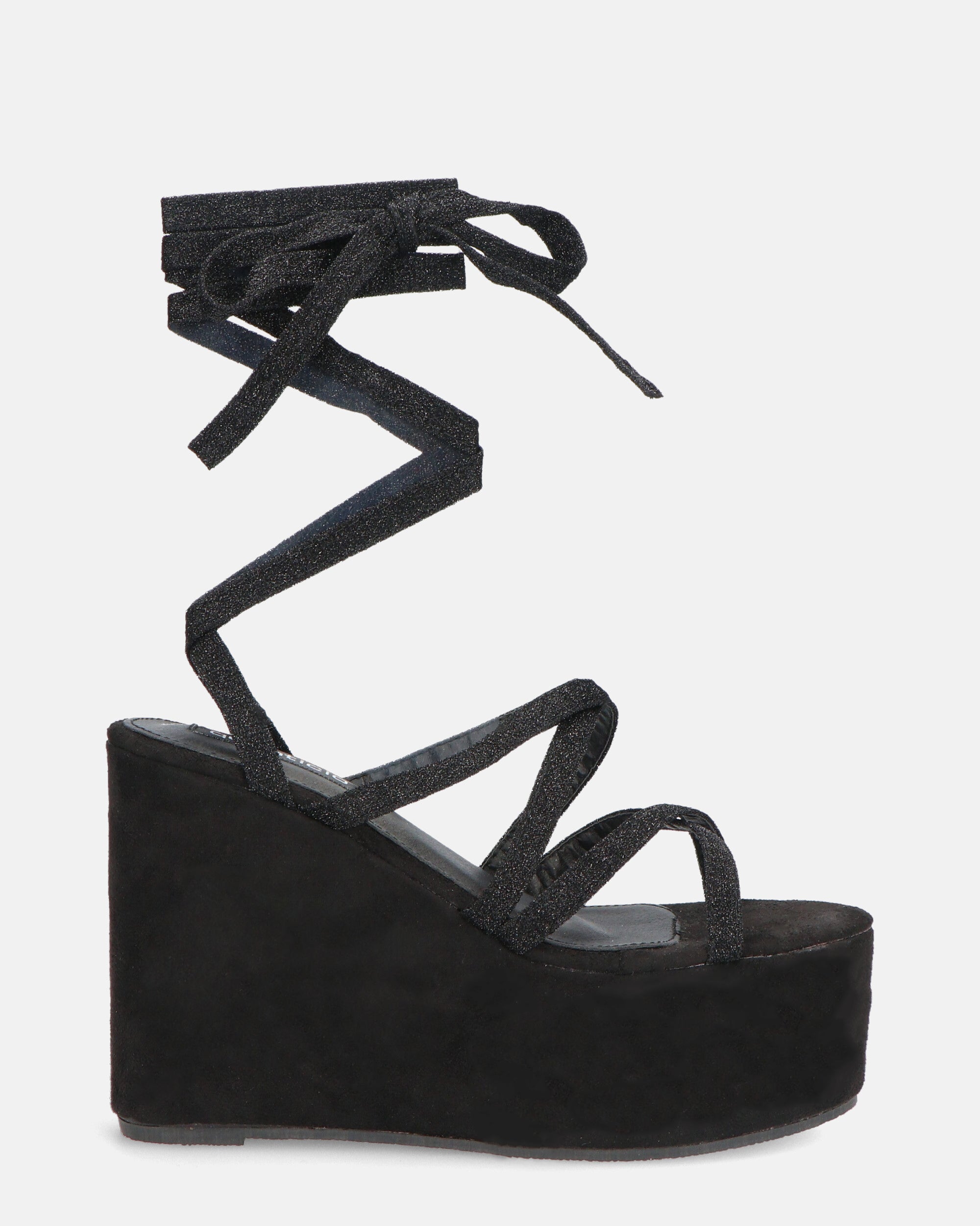 OLLIE - wedge sandals in black with glitter laces