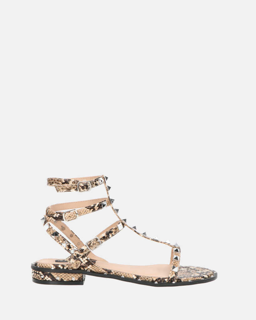 KENZA - beige snake print sandals with straps and studs