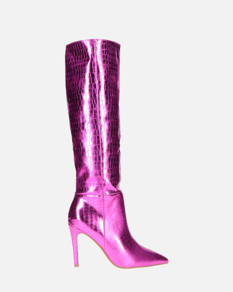 LOLY - fuchsia metallic crocodile print heel boot