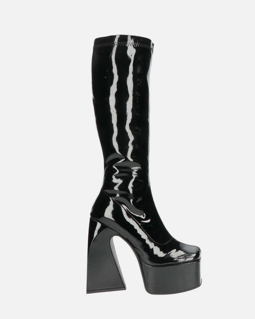 BECKA - high boots in black glassy with zip and square heel